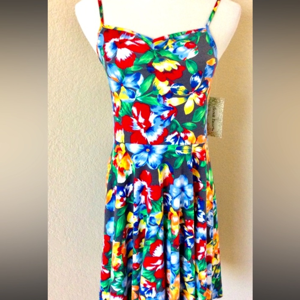 Sundress fit and flair knit dress spaghetti straps sweetheart neck floral knit